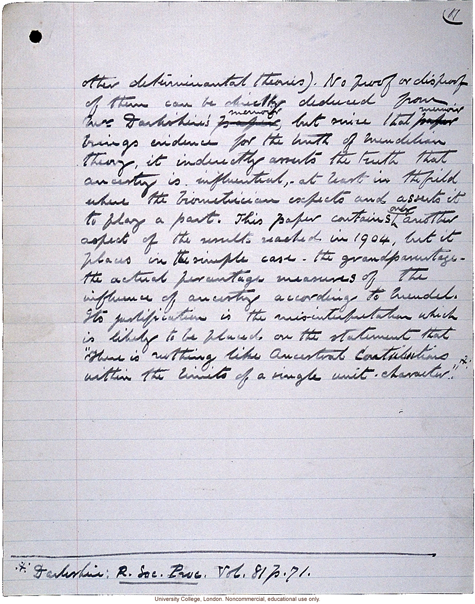 &quote;Theory of Ancestral Contributions in Heredity,&quote; handwritten manuscript by Karl Pearson, published in Proceedings of the Royal Society (vol. 81:547)