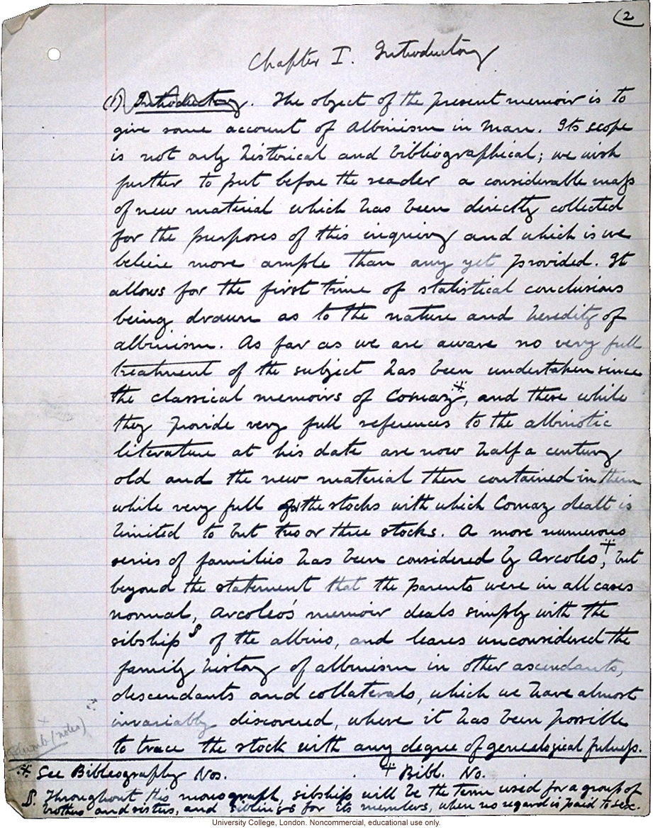 &quote;Albinism in Man: A Monograph (Part 1),&quote; handwritten manuscript by Karl Pearson,  with E. Nettleship and C.H. Usher, published in 1911