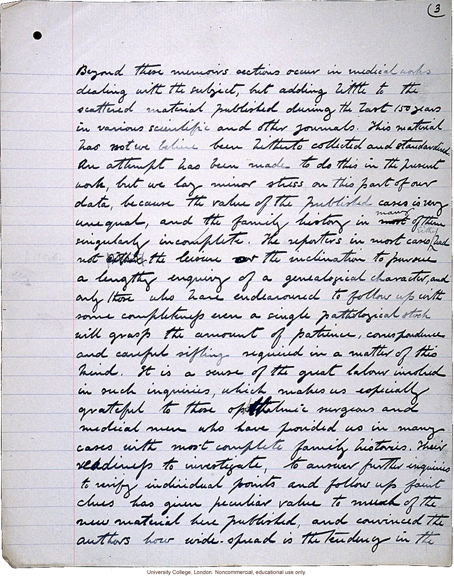&quote;Albinism in Man: A Monograph (Part 1),&quote; handwritten manuscript by Karl Pearson,  with E. Nettleship and C.H. Usher, published in 1911