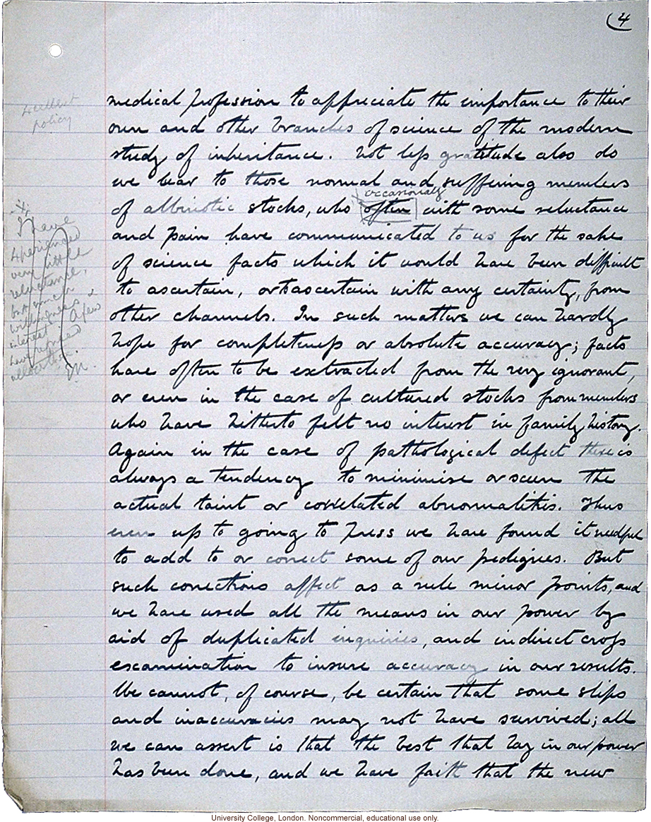 &quote;Albinism in Man: A Monograph (Part 1),&quote; handwritten manuscript by Karl Pearson,  with E. Nettleship and C.H. Usher, published in 1911