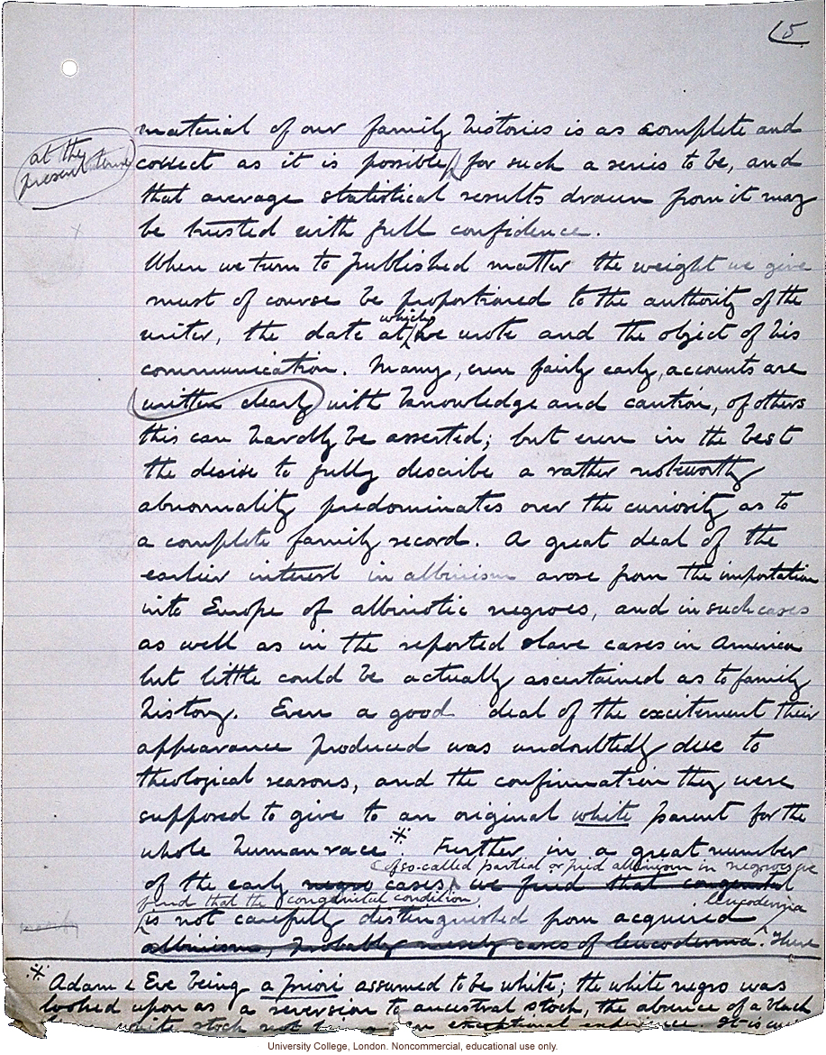 &quote;Albinism in Man: A Monograph (Part 1),&quote; handwritten manuscript by Karl Pearson,  with E. Nettleship and C.H. Usher, published in 1911