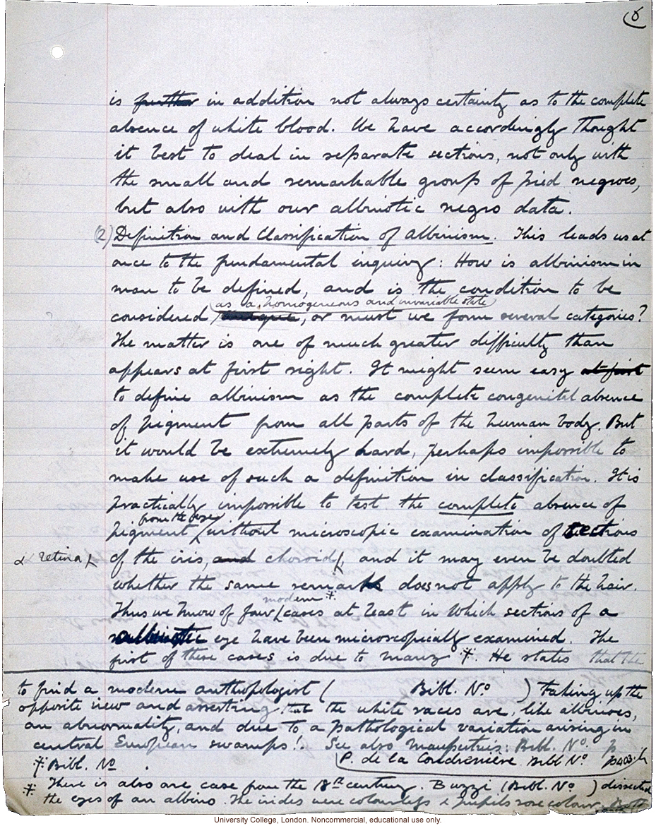&quote;Albinism in Man: A Monograph (Part 1),&quote; handwritten manuscript by Karl Pearson,  with E. Nettleship and C.H. Usher, published in 1911