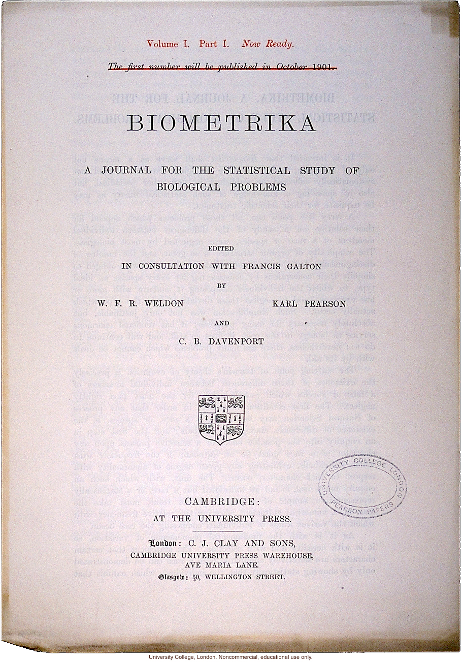 Announcement for &quote;Biometrika, A Journal for the Statistical Study of Biological Problems,&quote; established by Karl Pearson