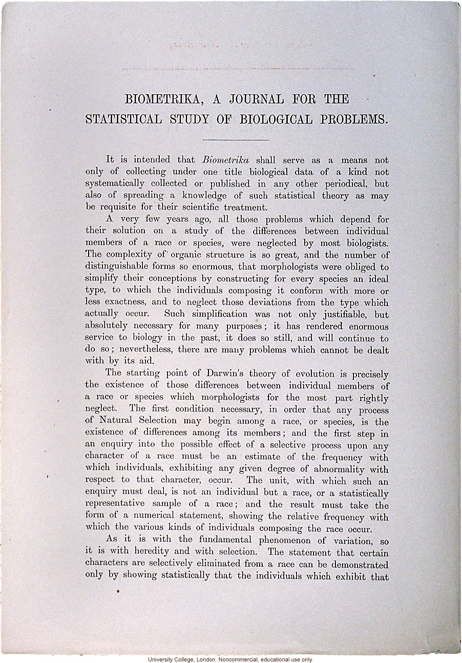 Announcement for &quote;Biometrika, A Journal for the Statistical Study of Biological Problems,&quote; established by Karl Pearson