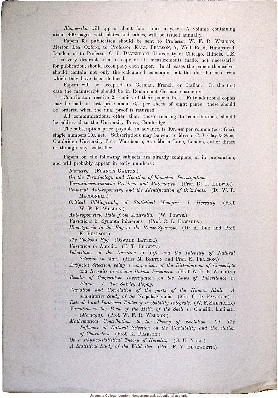 Announcement for &quote;Biometrika, A Journal for the Statistical Study of Biological Problems,&quote; established by Karl Pearson