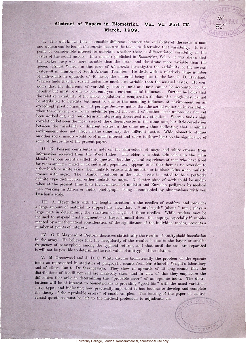 Biometrika abstracts (vol. 6:4), including Karl Pearson's note on Jamaica race mixing based on observations provided by Isaac Costa