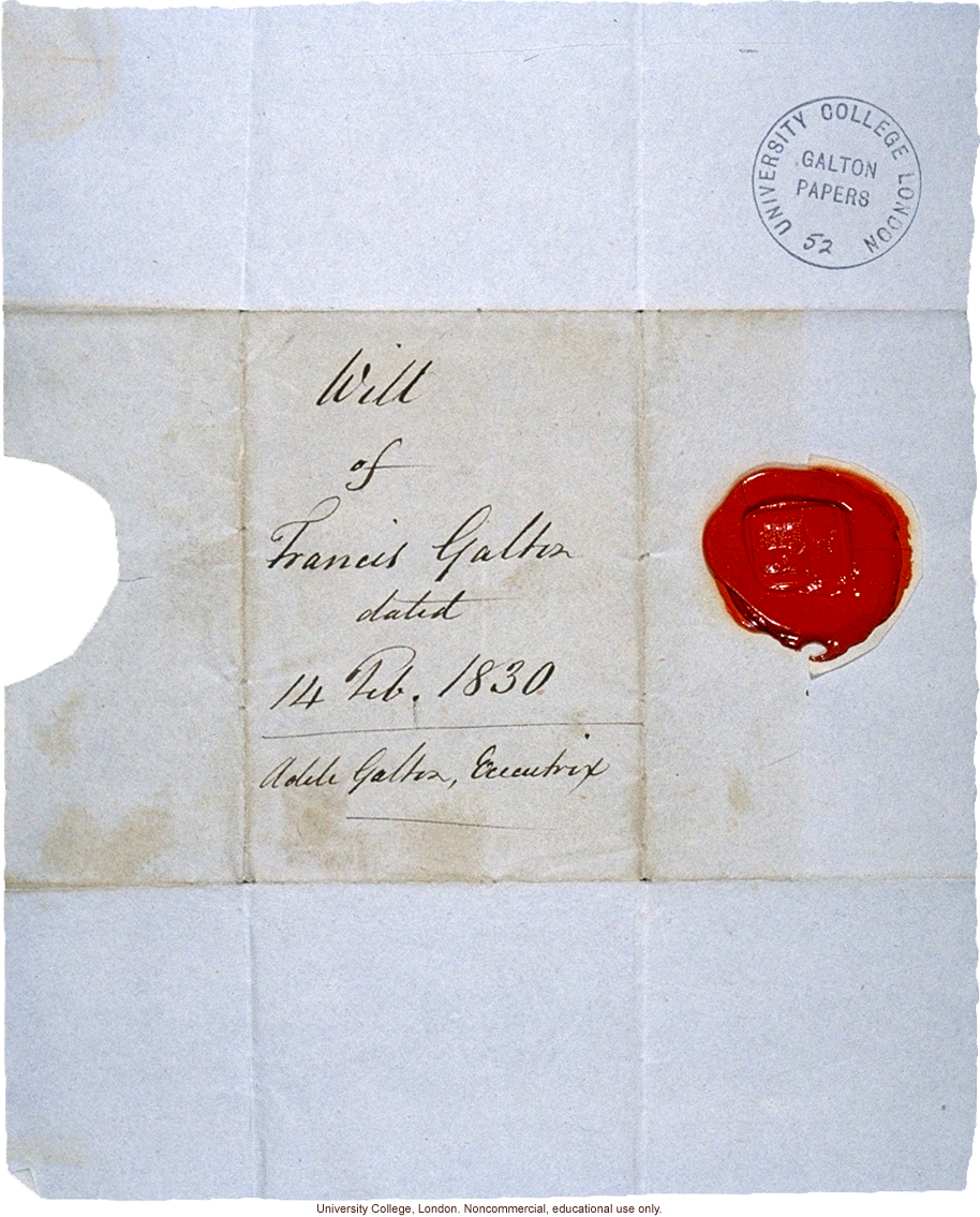 &quote;Will of Francis Galton, dated 14 Feb. 1830,&quote; created two days before his eighth birthday and witnessed by family members