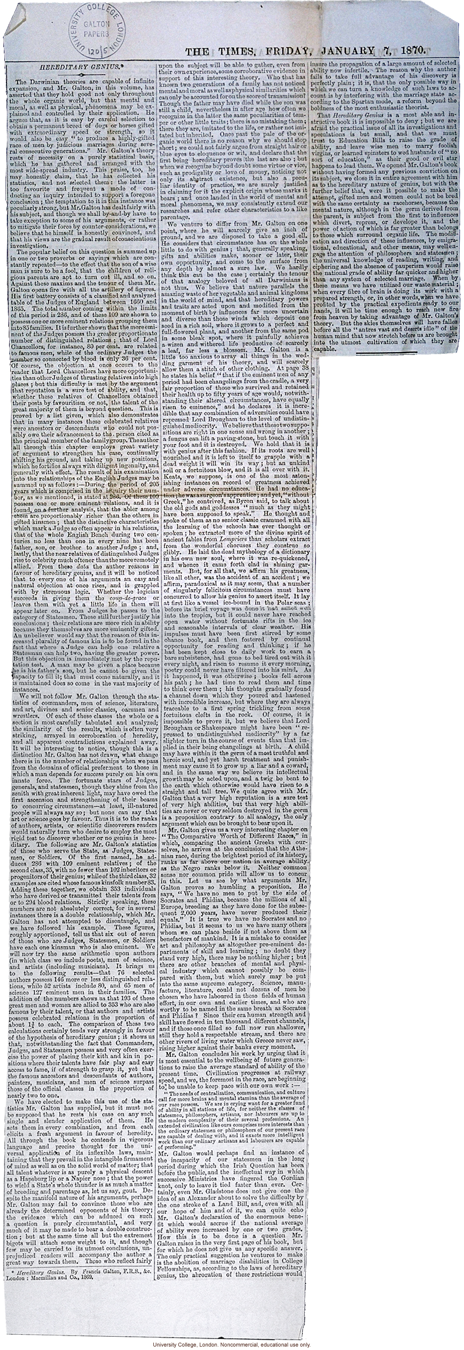 Review of <i> Hereditary Genius</i>, <i>The Times</i> (1/7/1870)