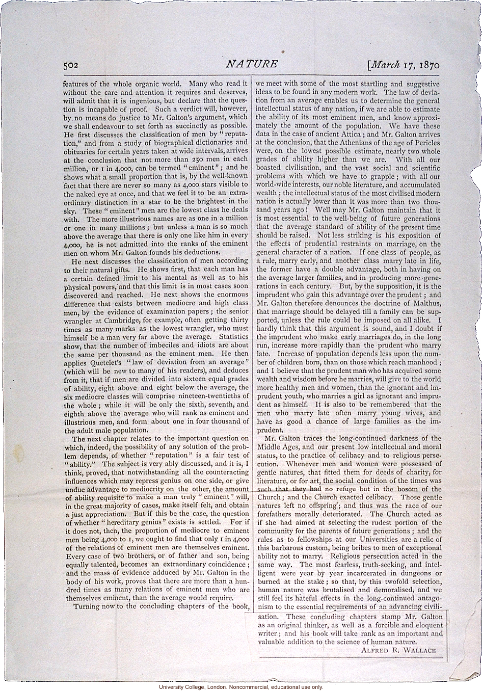 Review of <i> Hereditary Genius</i>, <i>Nature</i> (3/17/1870)