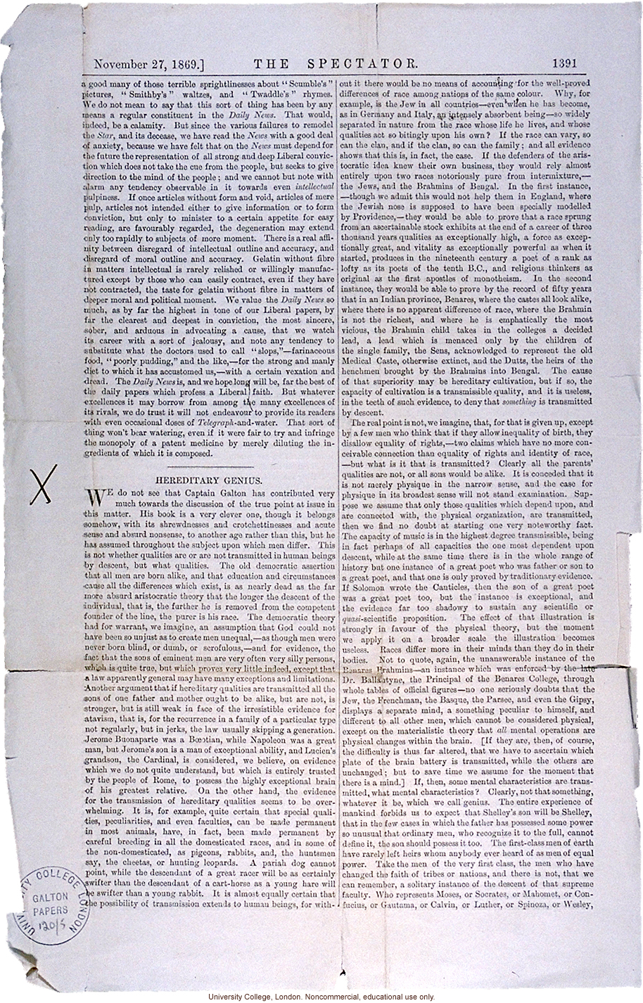 Review of <i> Hereditary Genius</i>, <i>The Spectator</i> (11/27/1869)