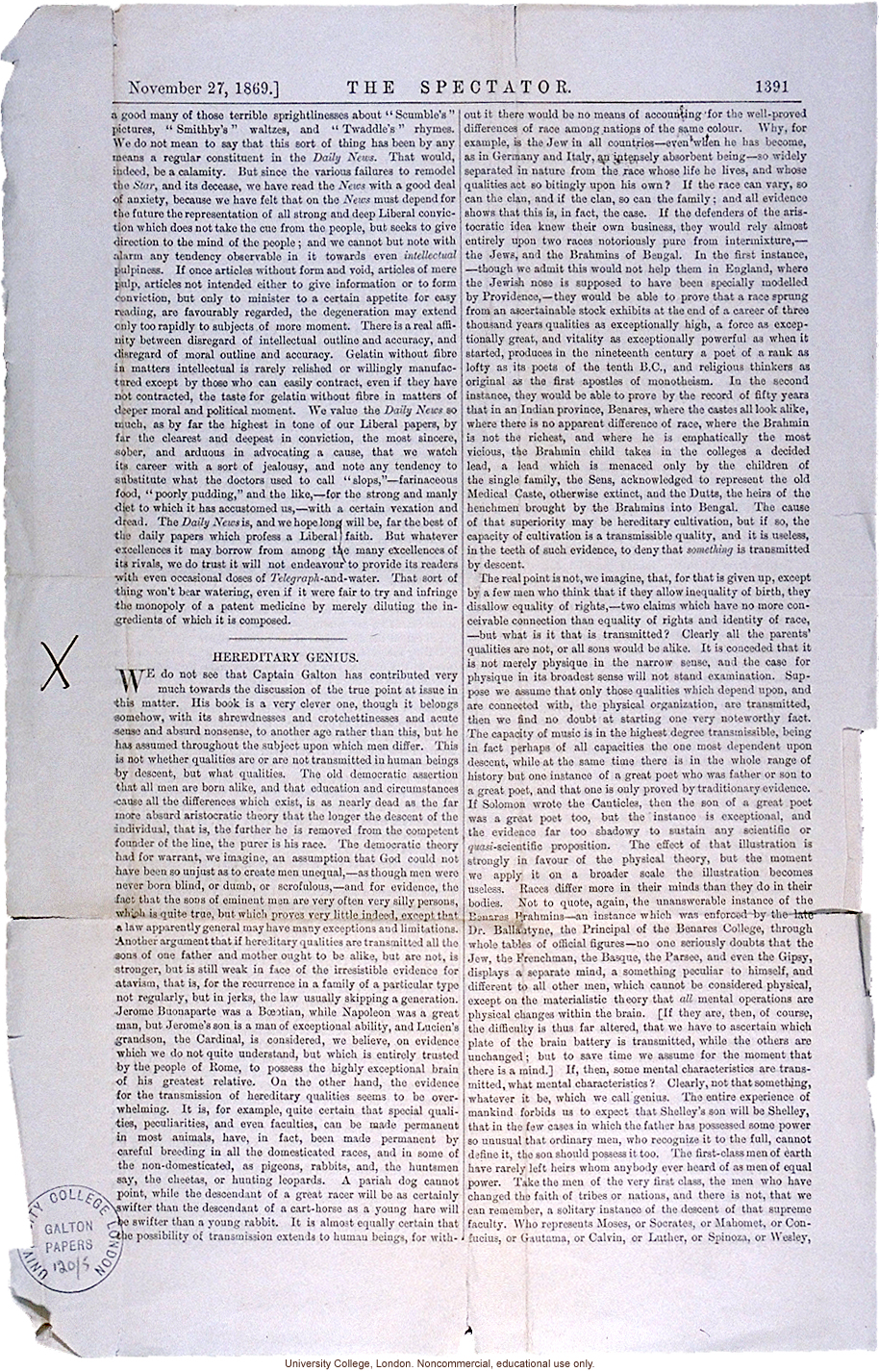 Review of <i> Hereditary Genius</i>, <i>The Spectator</i> (11/27/1869)