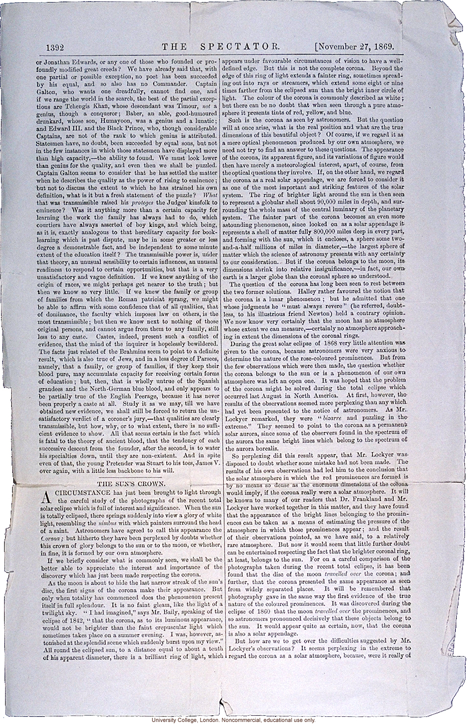Review of <i> Hereditary Genius</i>, <i>The Spectator</i> (11/27/1869)