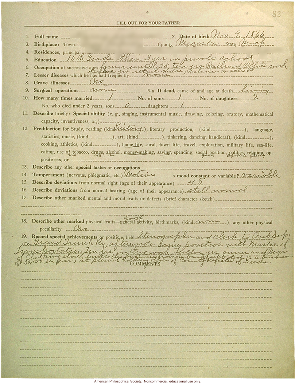 Eugenics registry of the Race Betterment Foundation, Battle Creek, MI