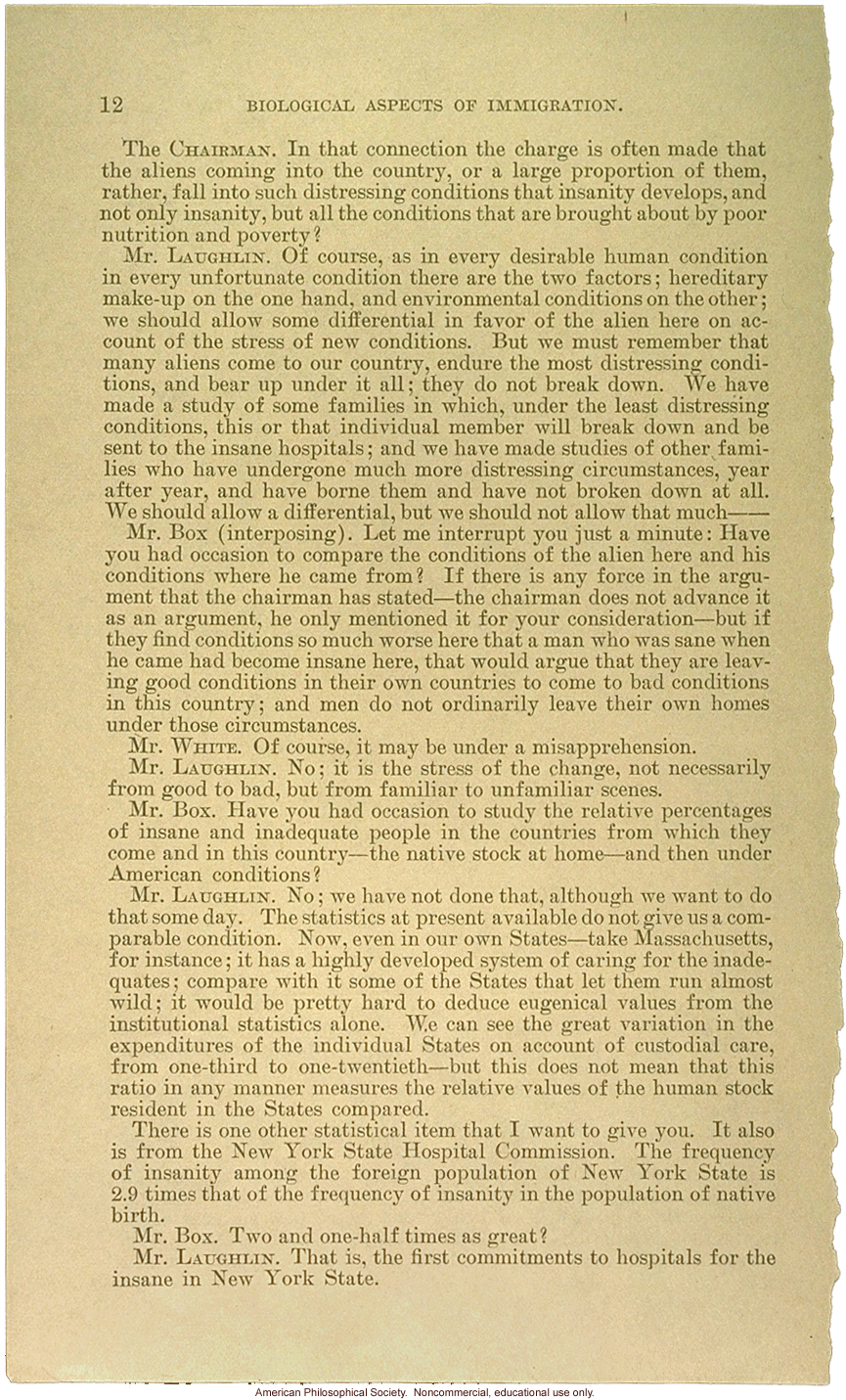 &quote;Biological aspects of immigration,&quote; Harry H. Laughlin testimony before the House Committee on Immigration and Naturalization