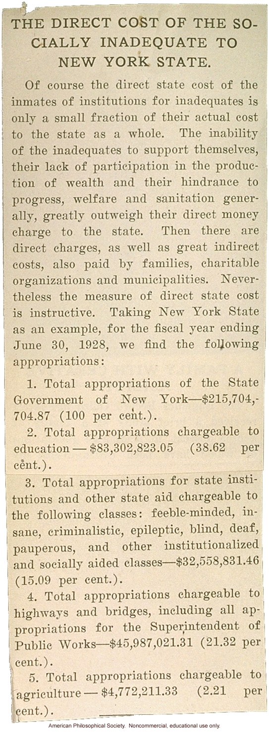 &quote;The Direct Cost of the Socially Inadequate to New York State&quote;