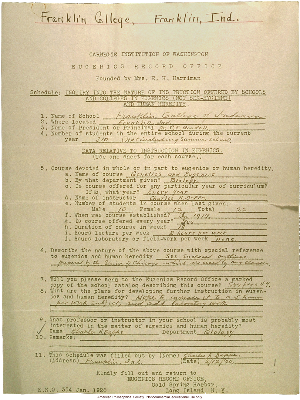 Franklin College's response to eugenics education survey