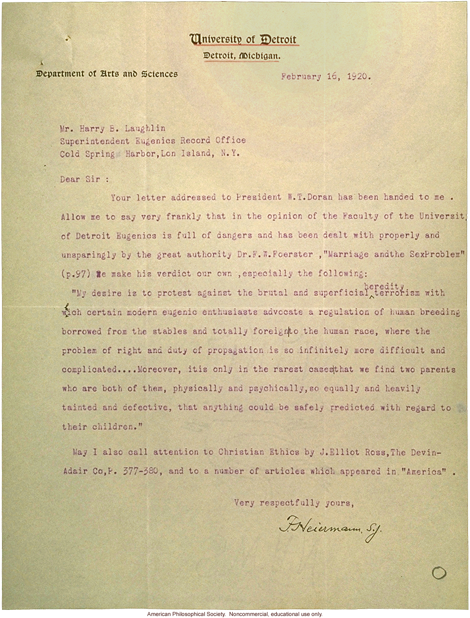 Response on behalf of W.T. Doran to Harry E. Laughlin, about eugenics instruction survey