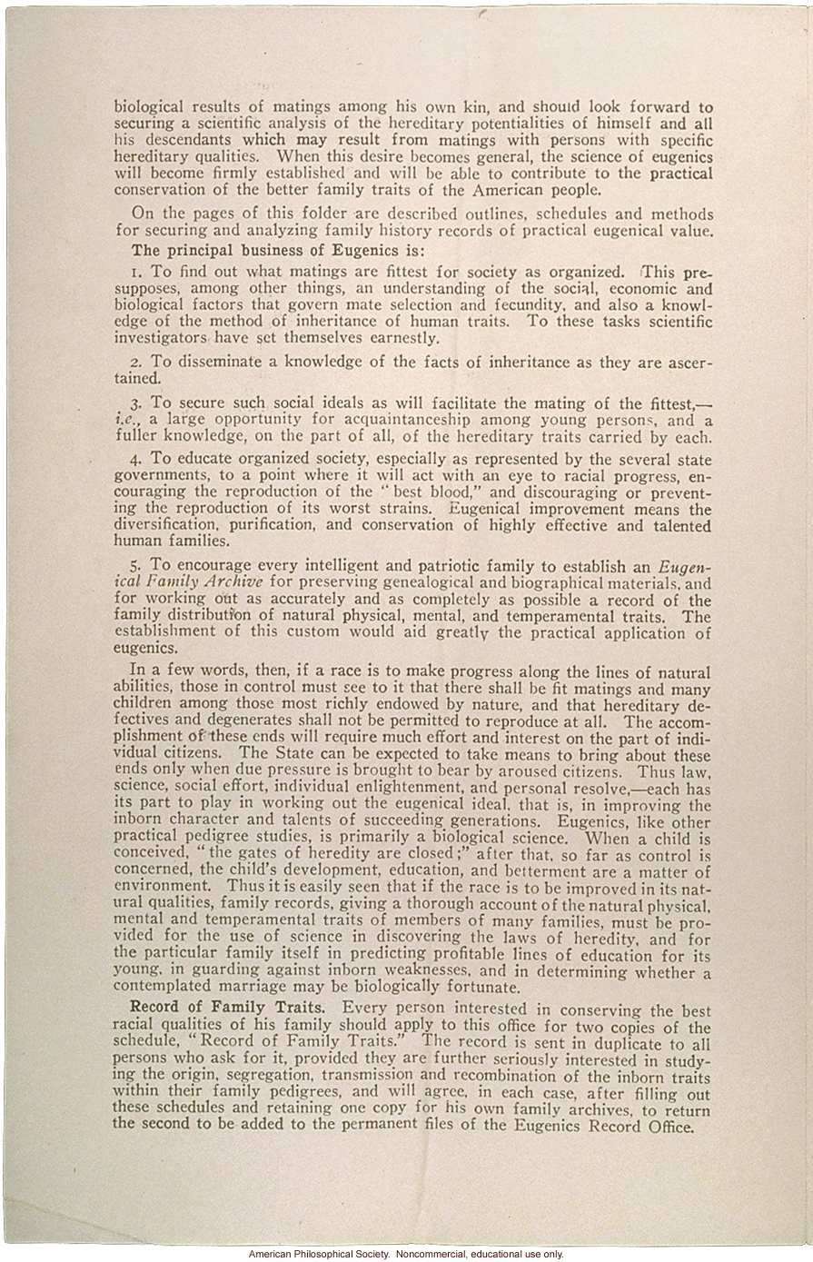 &quote;Eugenics seeks to improve the natural, physical, mental and tempermental qualities of the human family,&quote; Eugenics Record Office