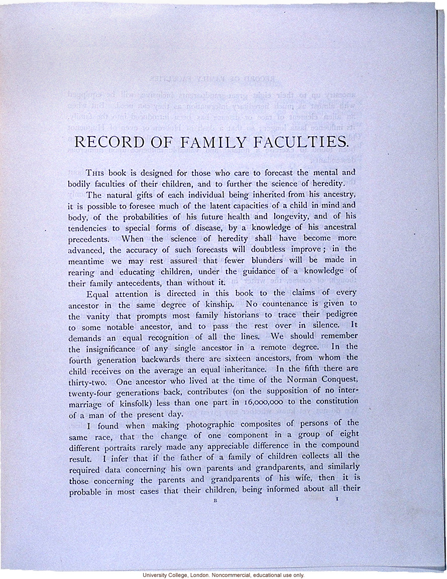 <i>Record of Family Faculties</i>, by Francis Galton (compiled with completed family pedigree forms), selected pages