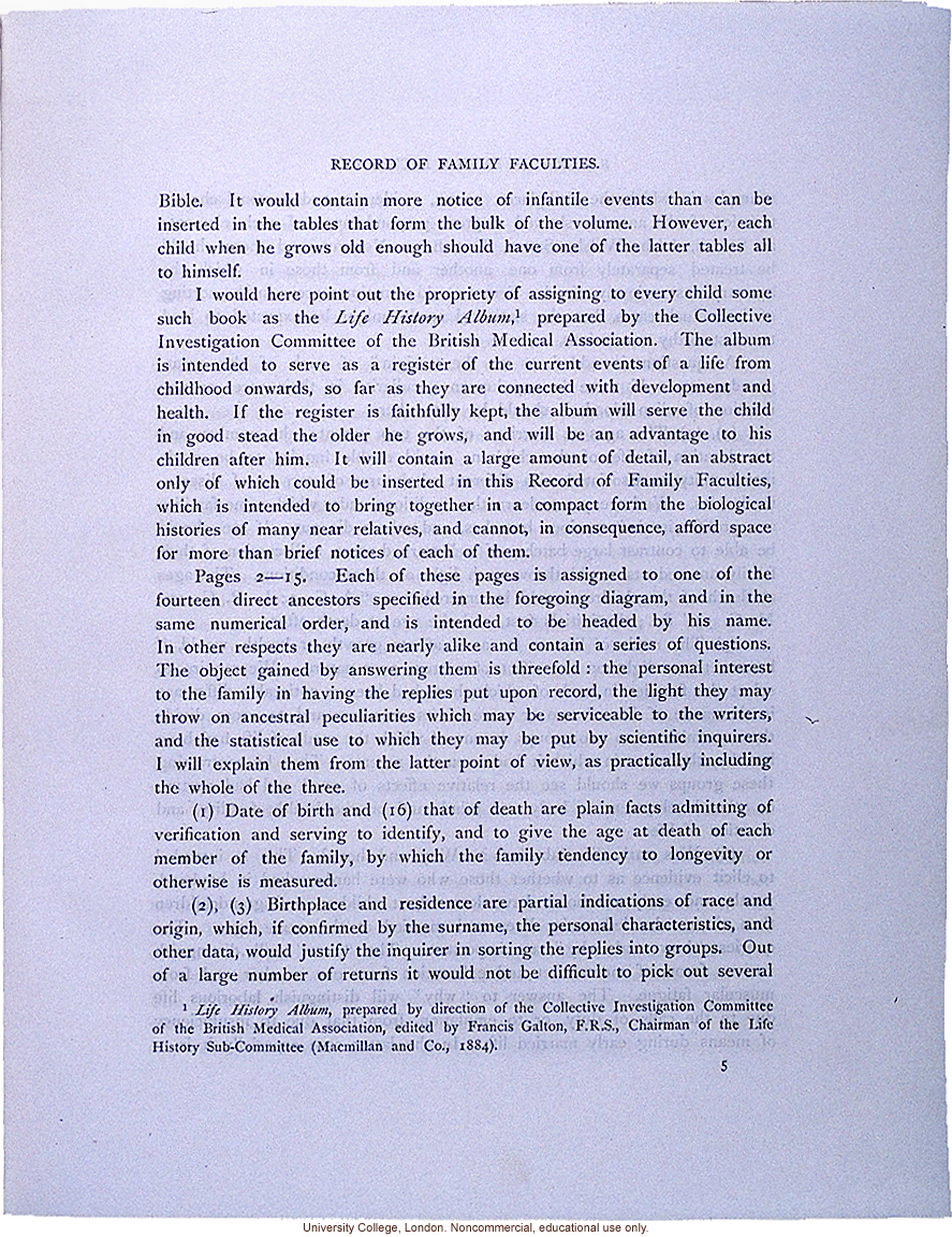 <i>Record of Family Faculties</i>, by Francis Galton (compiled with completed family pedigree forms), selected pages