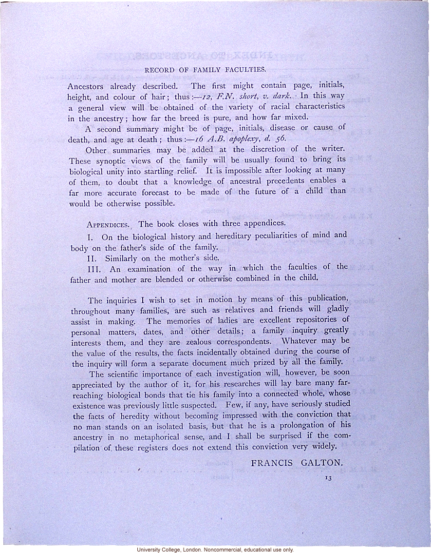 <i>Record of Family Faculties</i>, by Francis Galton (compiled with completed family pedigree forms), selected pages