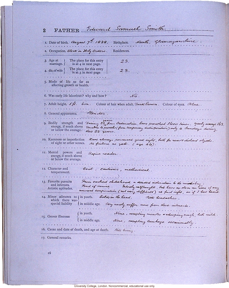 <i>Record of Family Faculties</i>, by Francis Galton (compiled with completed family pedigree forms), selected pages