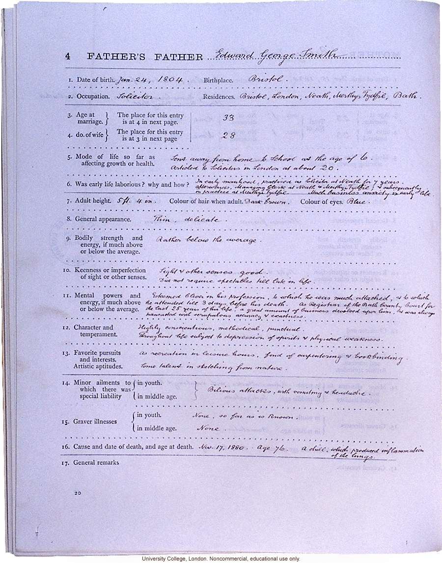 <i>Record of Family Faculties</i>, by Francis Galton (compiled with completed family pedigree forms), selected pages