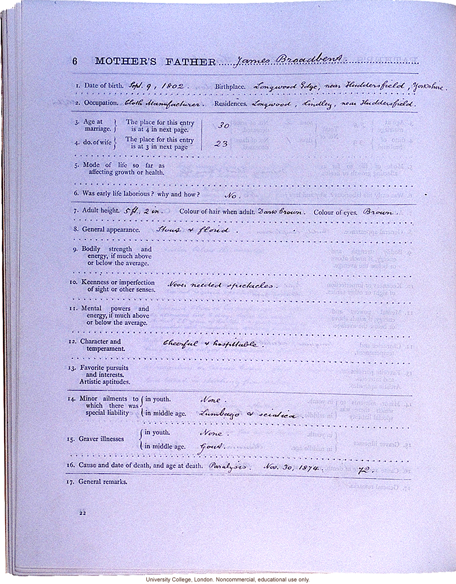 <i>Record of Family Faculties</i>, by Francis Galton (compiled with completed family pedigree forms), selected pages