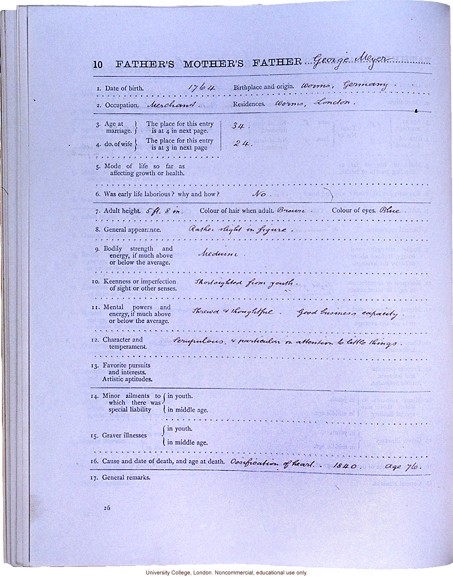 <i>Record of Family Faculties</i>, by Francis Galton (compiled with completed family pedigree forms), selected pages