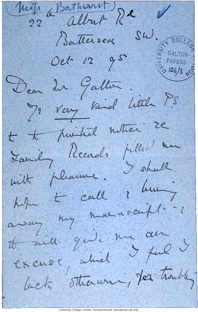 K. Bathurst letter to Francis Galton, about family records (10/12/1895)