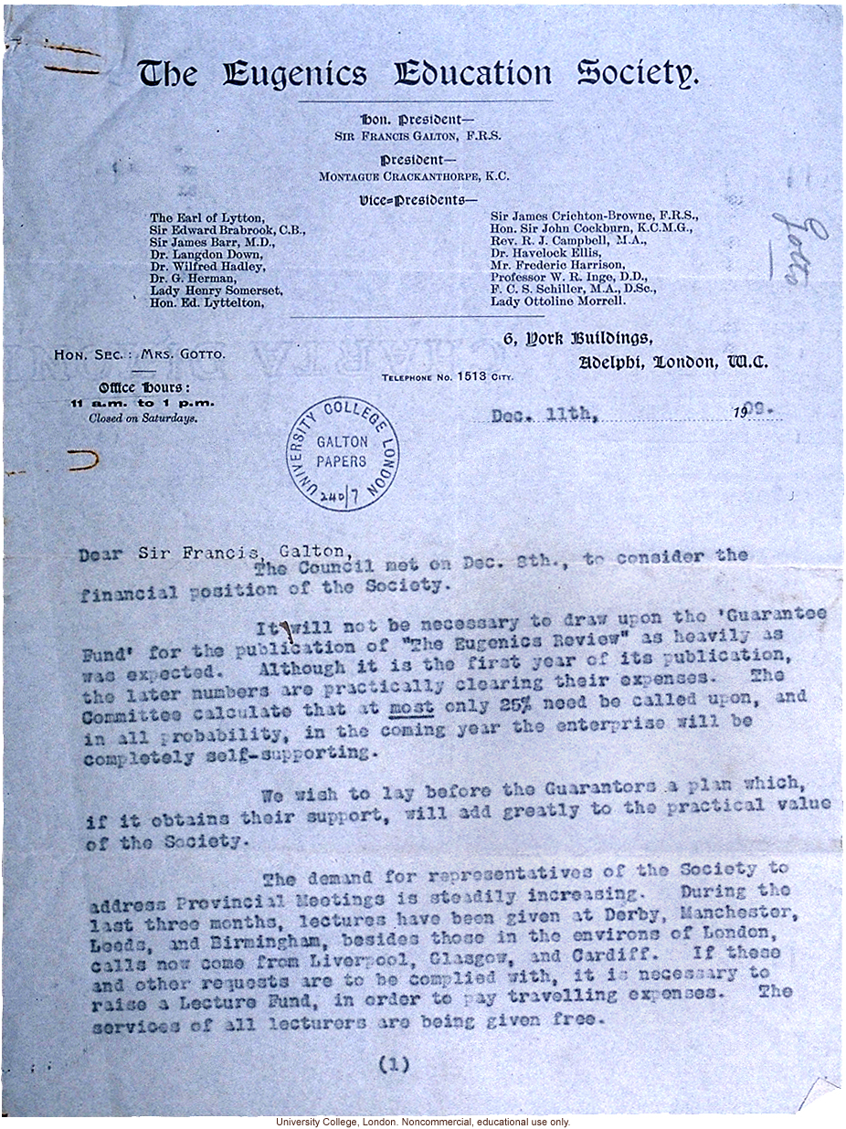 Eugenics Education Society letter to Francis Galton, about efforts to lobby Parliament for segregation of defectives in the Poor Law (12/11/1909)