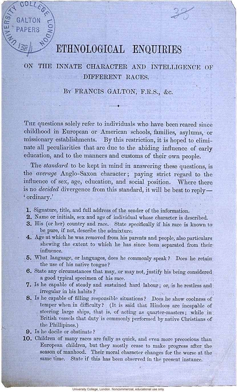 Directions for responding to a survey on &quote;Ethnological Enquiries on the Innate Character and Intelligence of Different Races,&quote; by Francis Galton