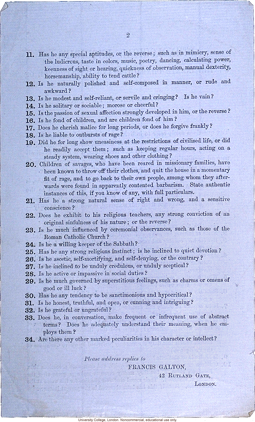 Directions for responding to a survey on &quote;Ethnological Enquiries on the Innate Character and Intelligence of Different Races,&quote; by Francis Galton