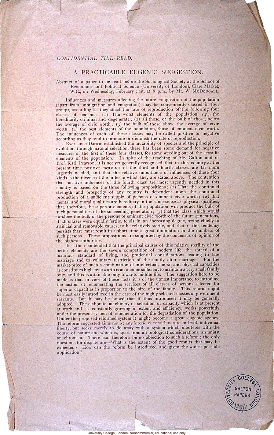 &quote;A Practicable Eugenic Suggestion,&quote; by W. McDougal about incentives for positive eugenics