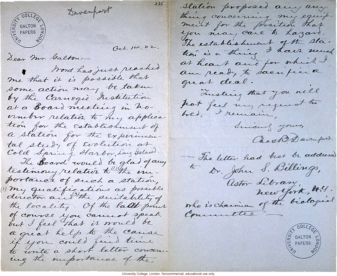 Charles Davenport letter to Francis Galton, requesting a reference for his proposal for the Station for Experimental Evolution (10/14/1902)