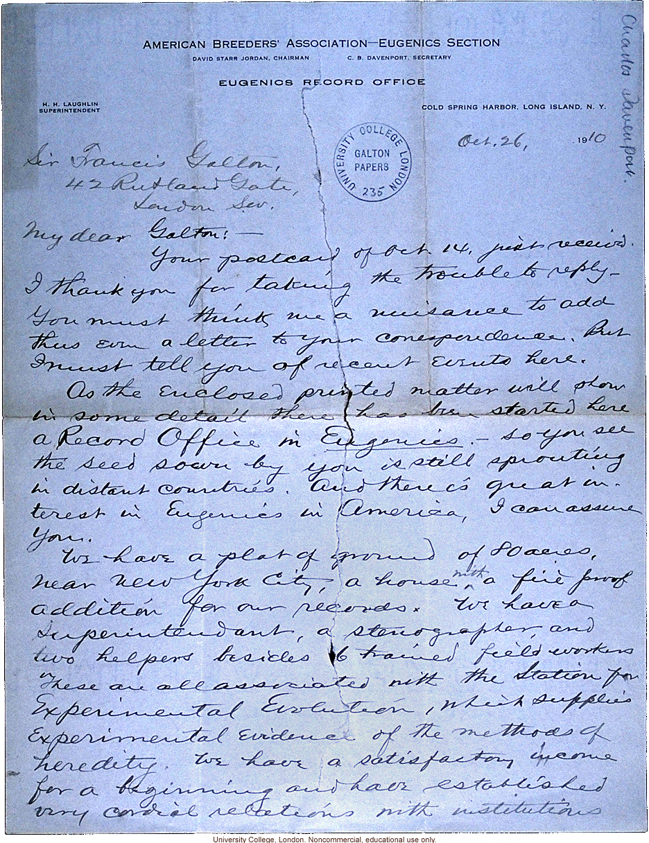 Charles Davenport letter to Francis Galton, about opening the Eugenics Record Office and the debt to him as founder of eugenics (10/26/1910)