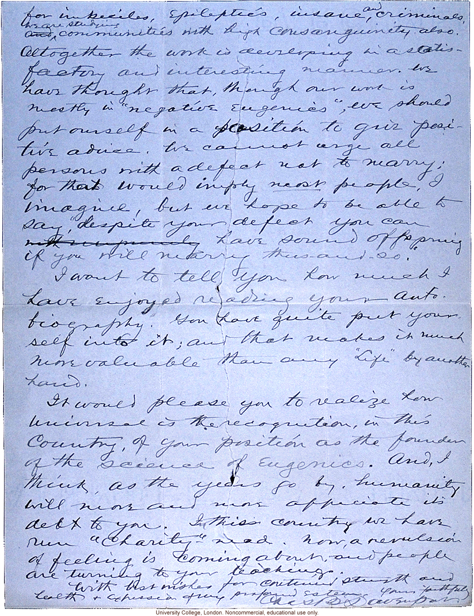 Charles Davenport letter to Francis Galton, about opening the Eugenics Record Office and the debt to him as founder of eugenics (10/26/1910)