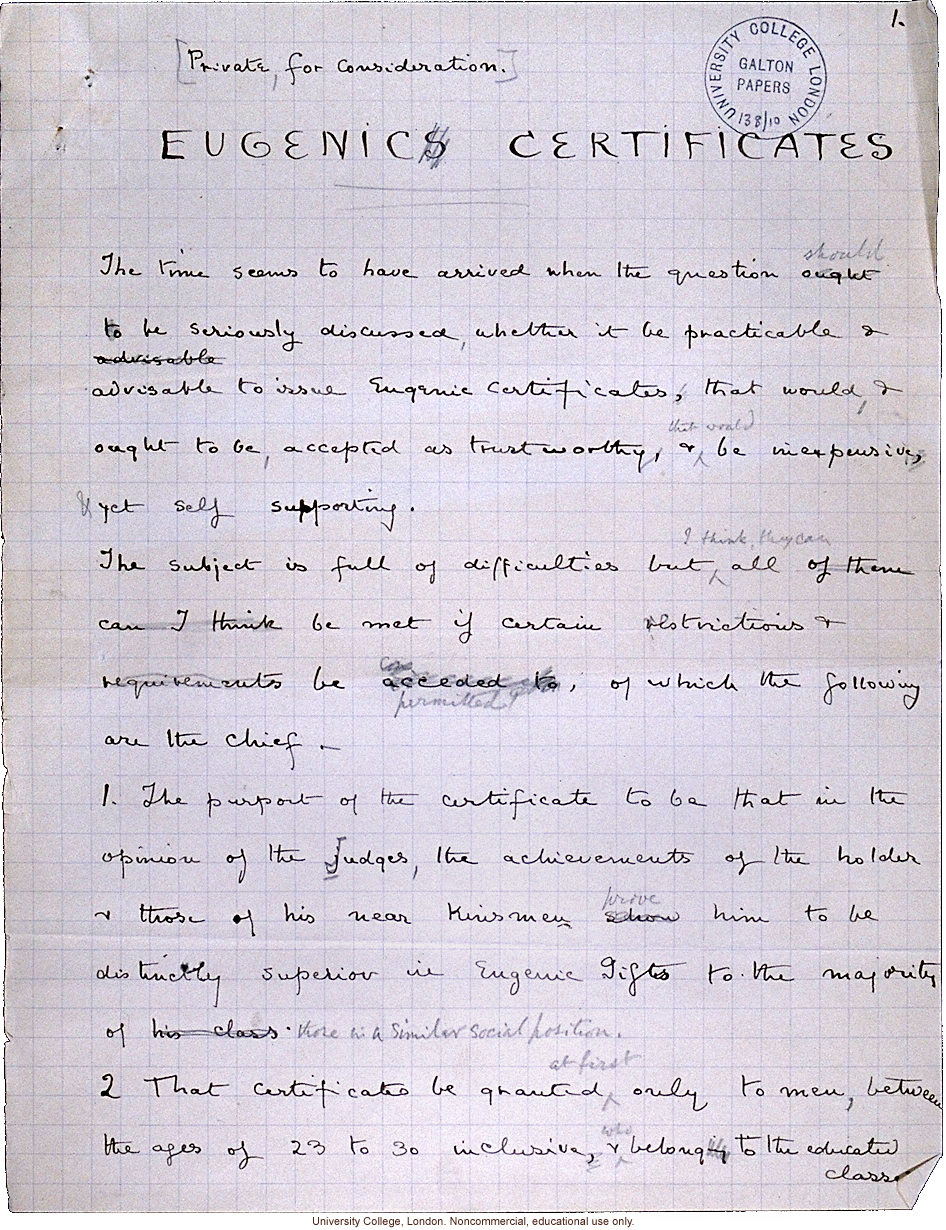 Handwritten proposal for issuing &quote;eugenic certificates&quote; to physically and mentally superior men aged 23-30, by Francis Galton