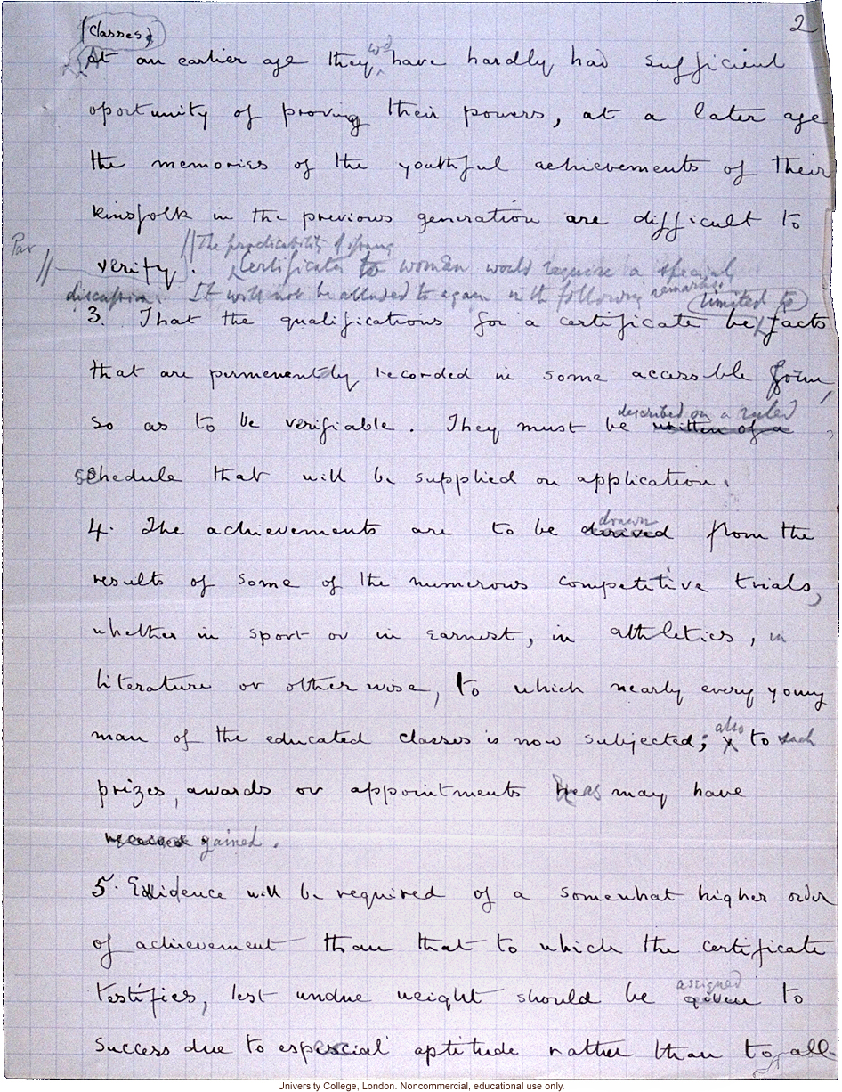 Handwritten proposal for issuing &quote;eugenic certificates&quote; to physically and mentally superior men aged 23-30, by Francis Galton