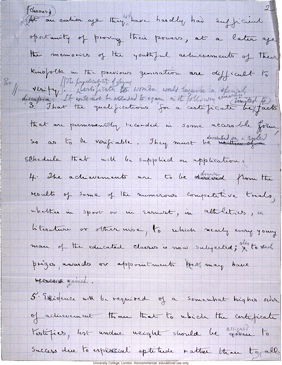 Handwritten proposal for issuing &quote;eugenic certificates&quote; to physically and mentally superior men aged 23-30, by Francis Galton