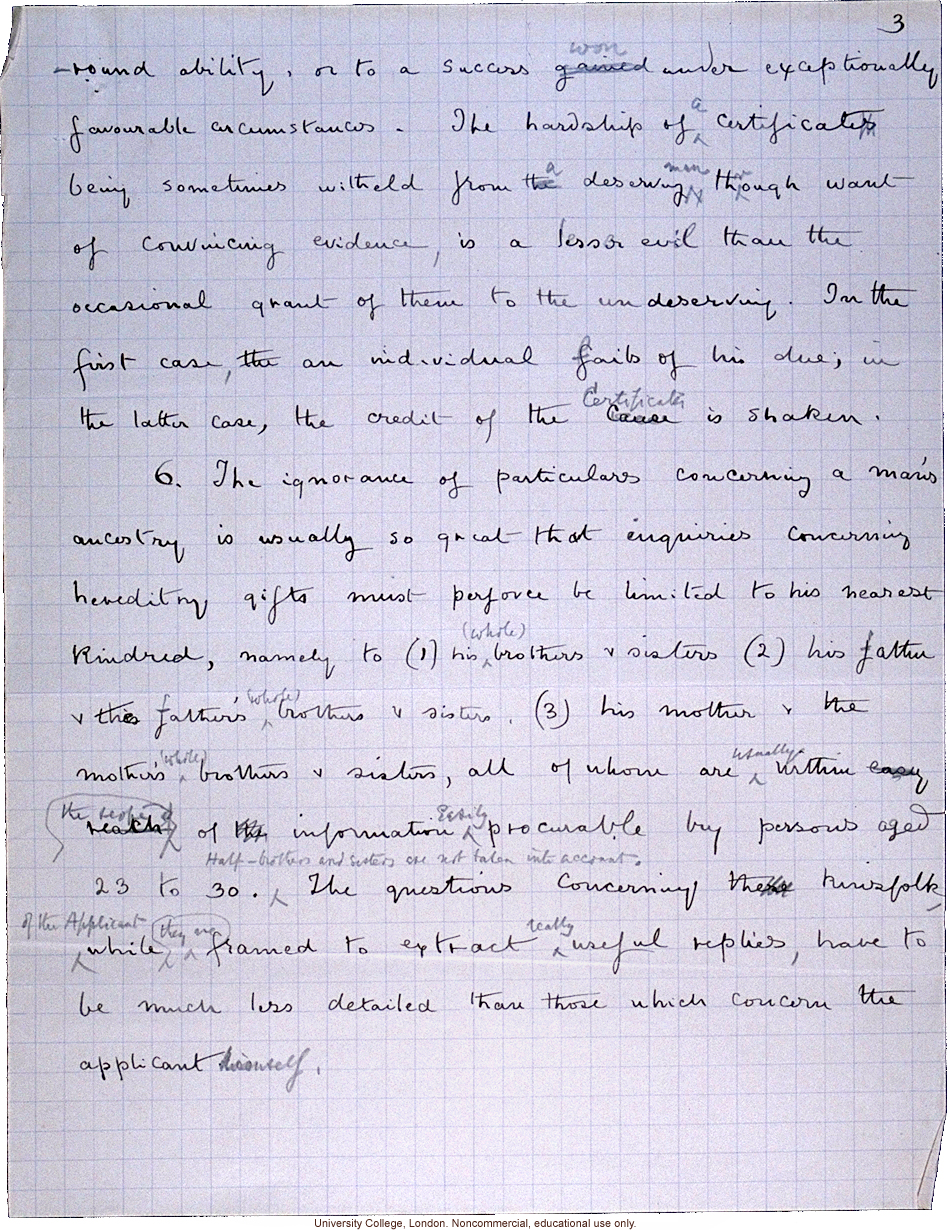 Handwritten proposal for issuing &quote;eugenic certificates&quote; to physically and mentally superior men aged 23-30, by Francis Galton