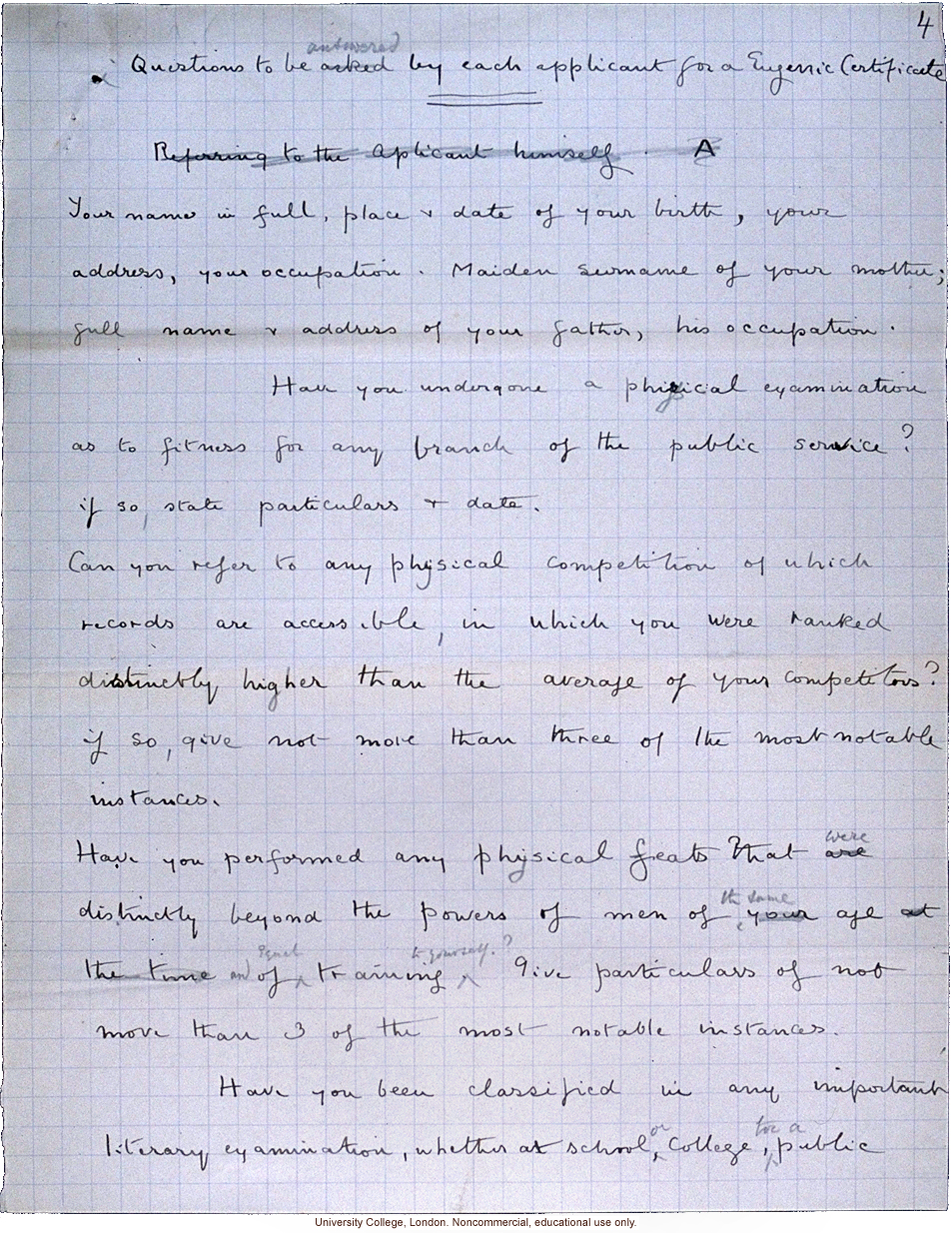 Handwritten proposal for issuing &quote;eugenic certificates&quote; to physically and mentally superior men aged 23-30, by Francis Galton