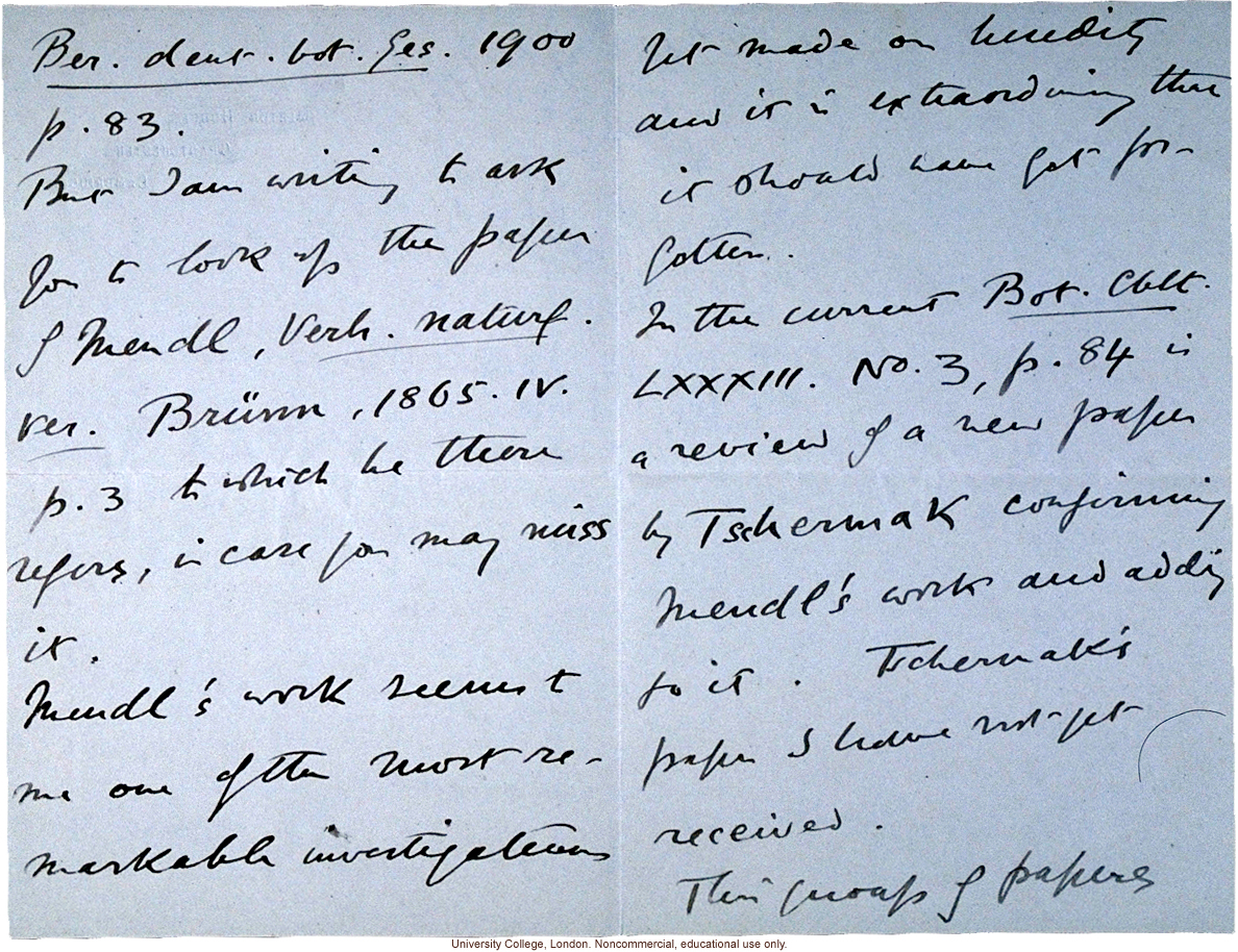 W. Bateson letter to F. Galton, asking him to read Mendel's 
&quote;remarkable investigations&quote; and confirming work by Tschermak and de Vries(8/9/1900)