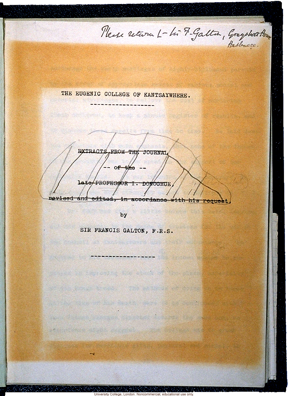 Manuscript of the &quote;Eugenic College of Kantsaywhere,&quote; by Francis Galton (title page and page with a definition of &quote;genetic&quote;)
