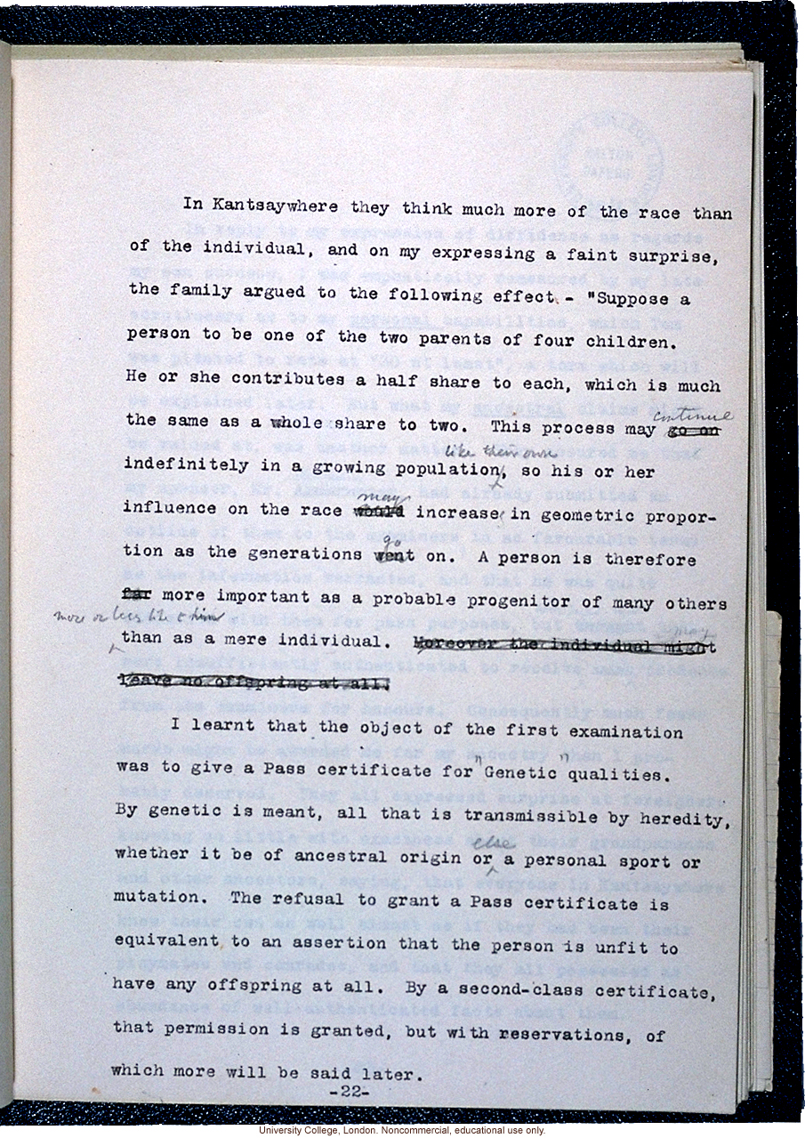 Manuscript of the &quote;Eugenic College of Kantsaywhere,&quote; by Francis Galton (title page and page with a definition of &quote;genetic&quote;)