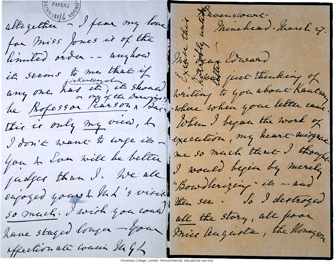 F. Galton letter to his cousin Edward, asking him to review his manuscript of &quote;Kantysaywhere&quote; and pass it on to Karl Pearson