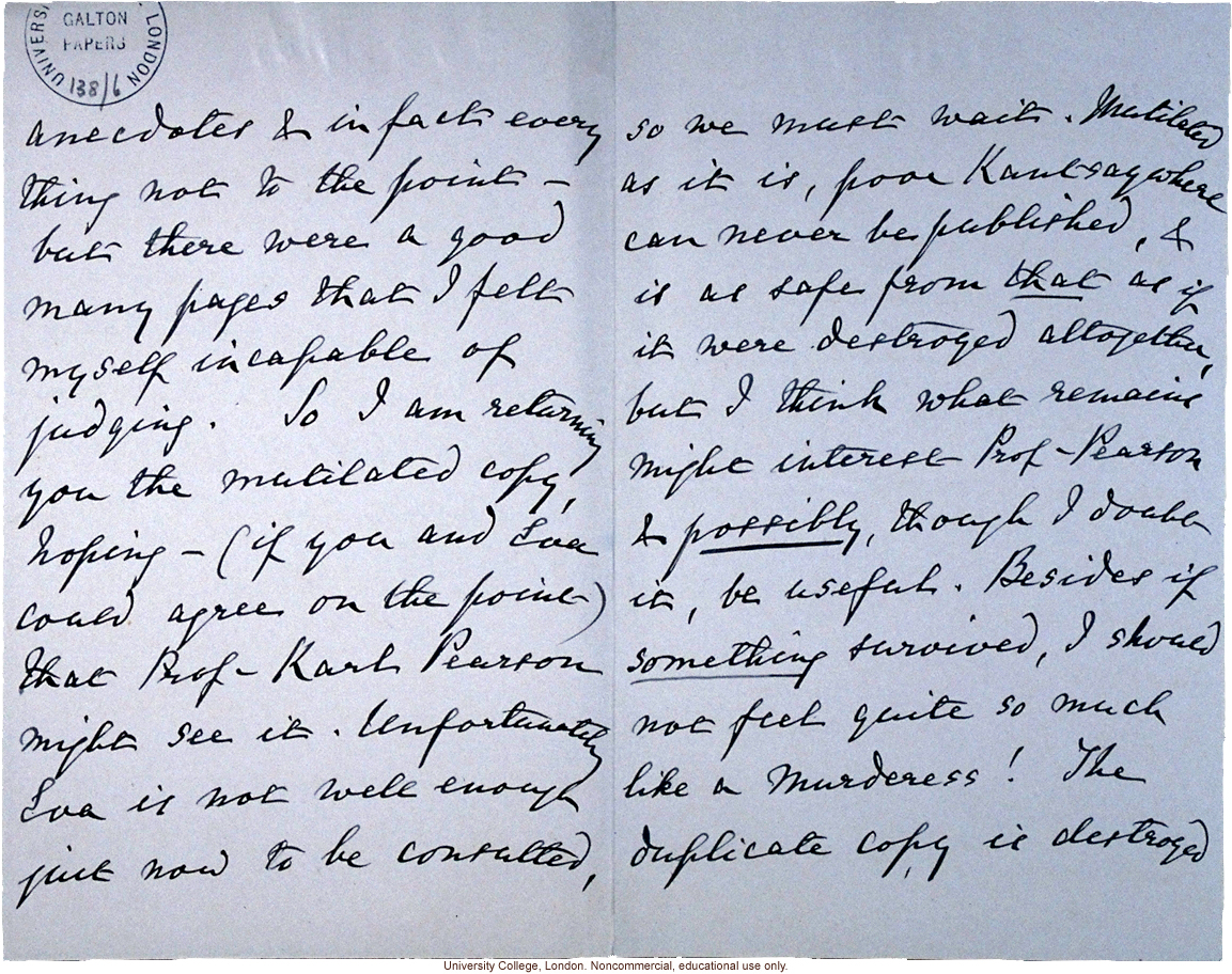 F. Galton letter to his cousin Edward, asking him to review his manuscript of &quote;Kantysaywhere&quote; and pass it on to Karl Pearson