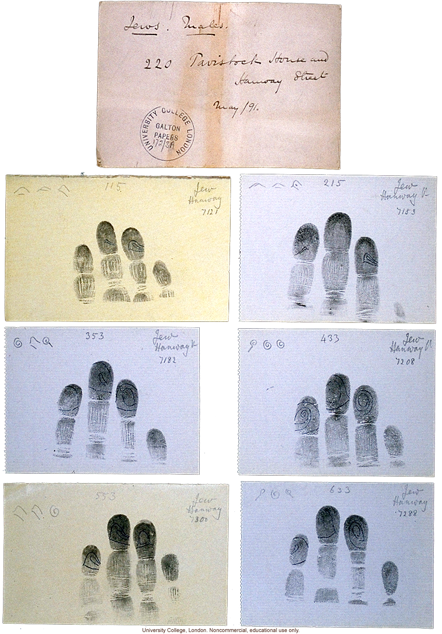 Francis Galton's fingerprint cards of Jewish males, Tavistock House and Hanway Street School (5/1891)