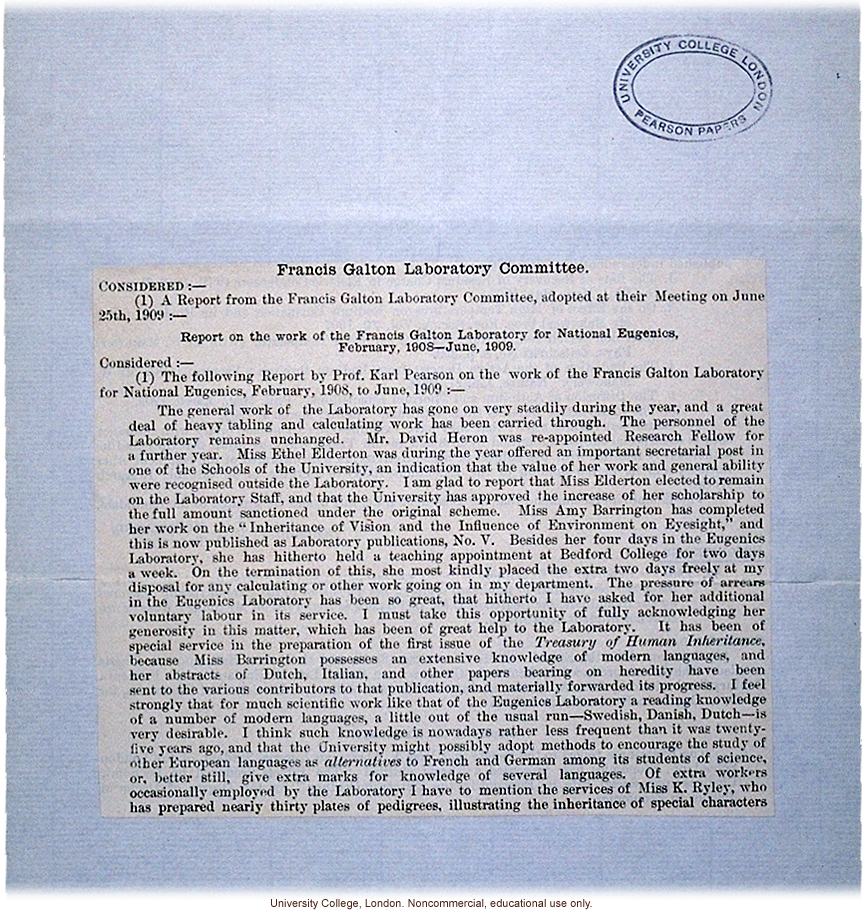 &quote;Report on the work of the Francis Galton Laboratory for National Eugenics, February1908-June 1909&quote;