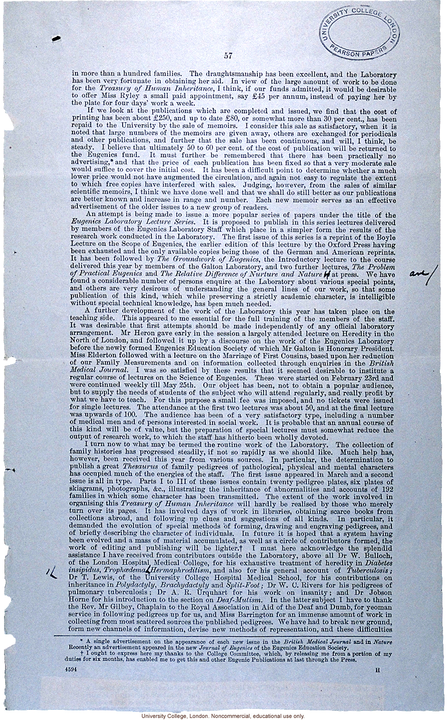 &quote;Report on the work of the Francis Galton Laboratory for National Eugenics, February1908-June 1909&quote;